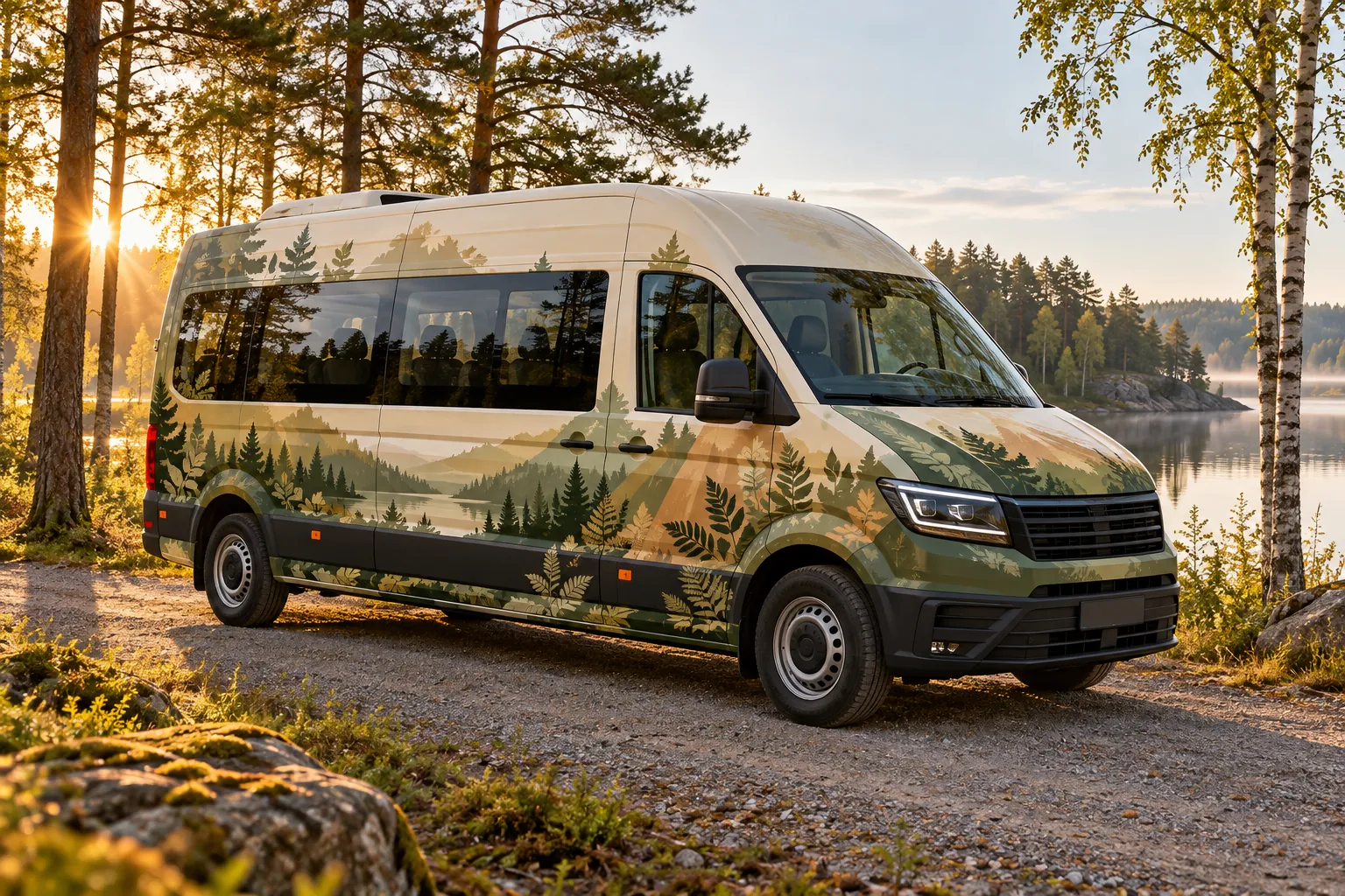 Mokobusas: nedidelis keleivinis autobusiukas su miško motyvų apdaila prie pušyno ir ežero