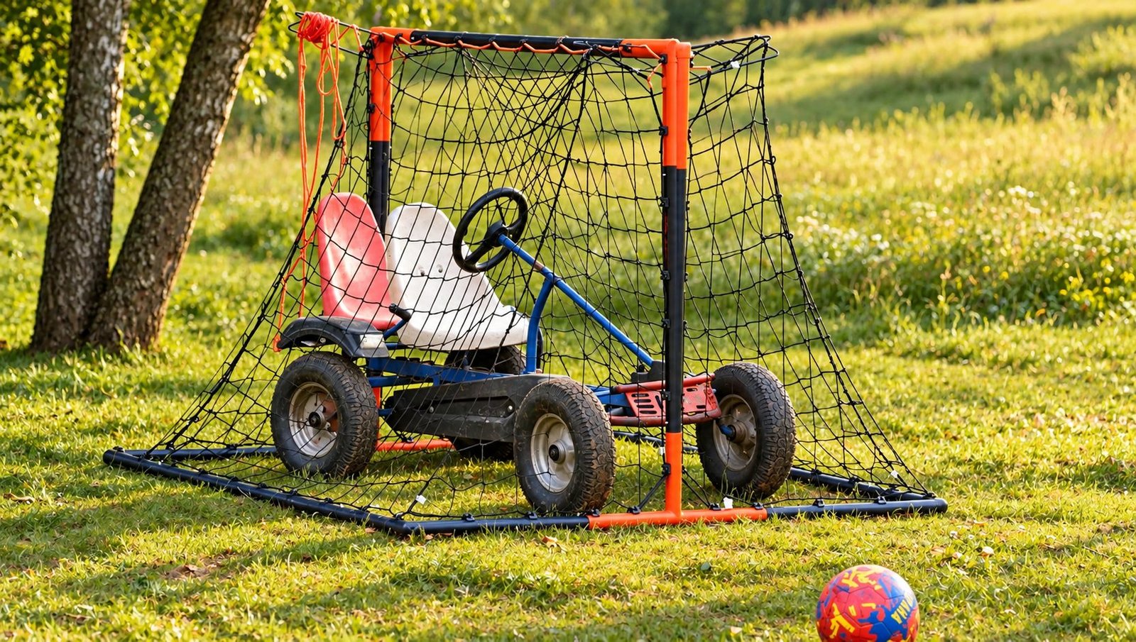 Minamas vaikiškas kartingas ir futbolo vartai pievoje