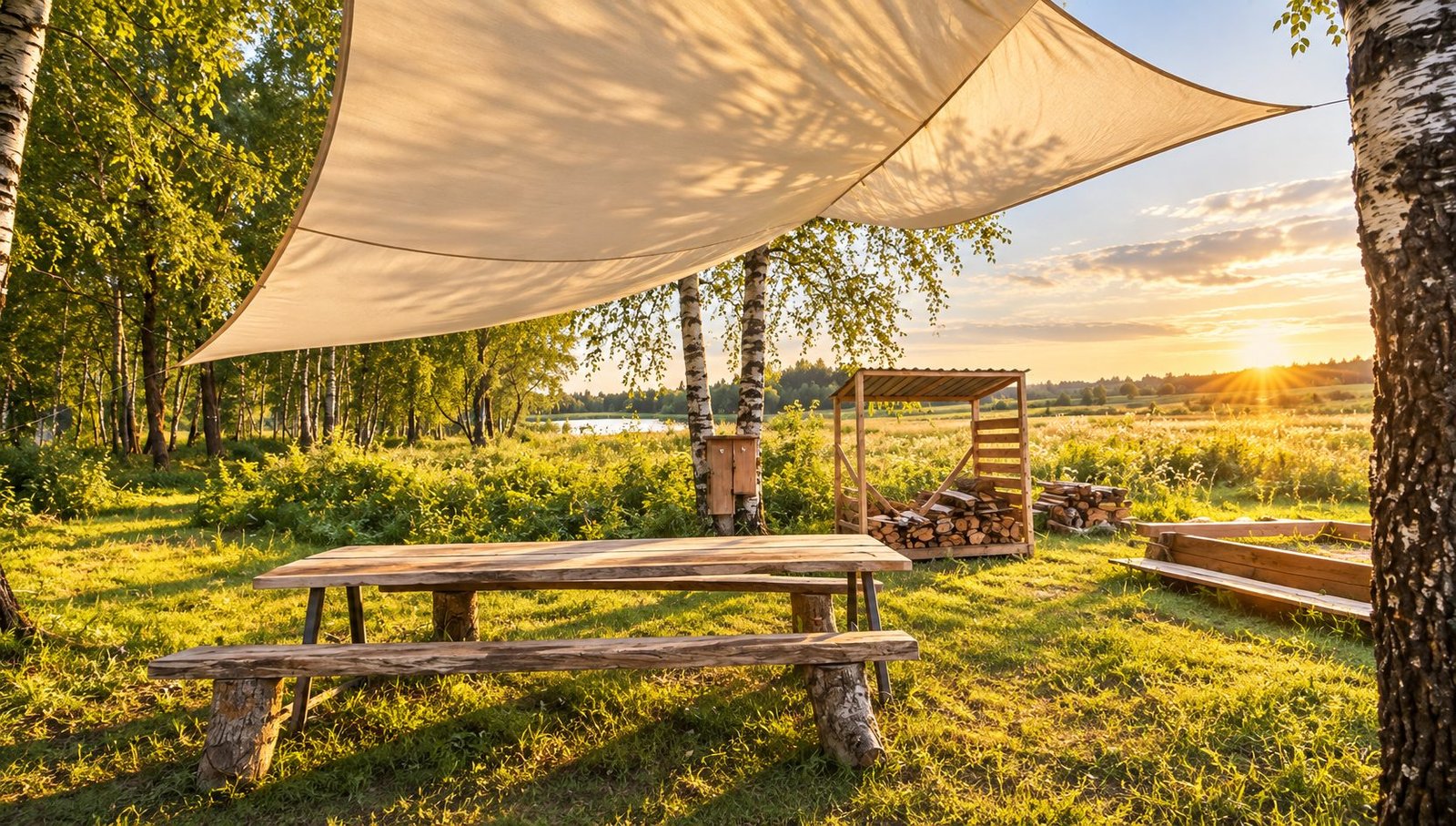 Pikniko stalas po pavėsine bure beržyno pakraštyje