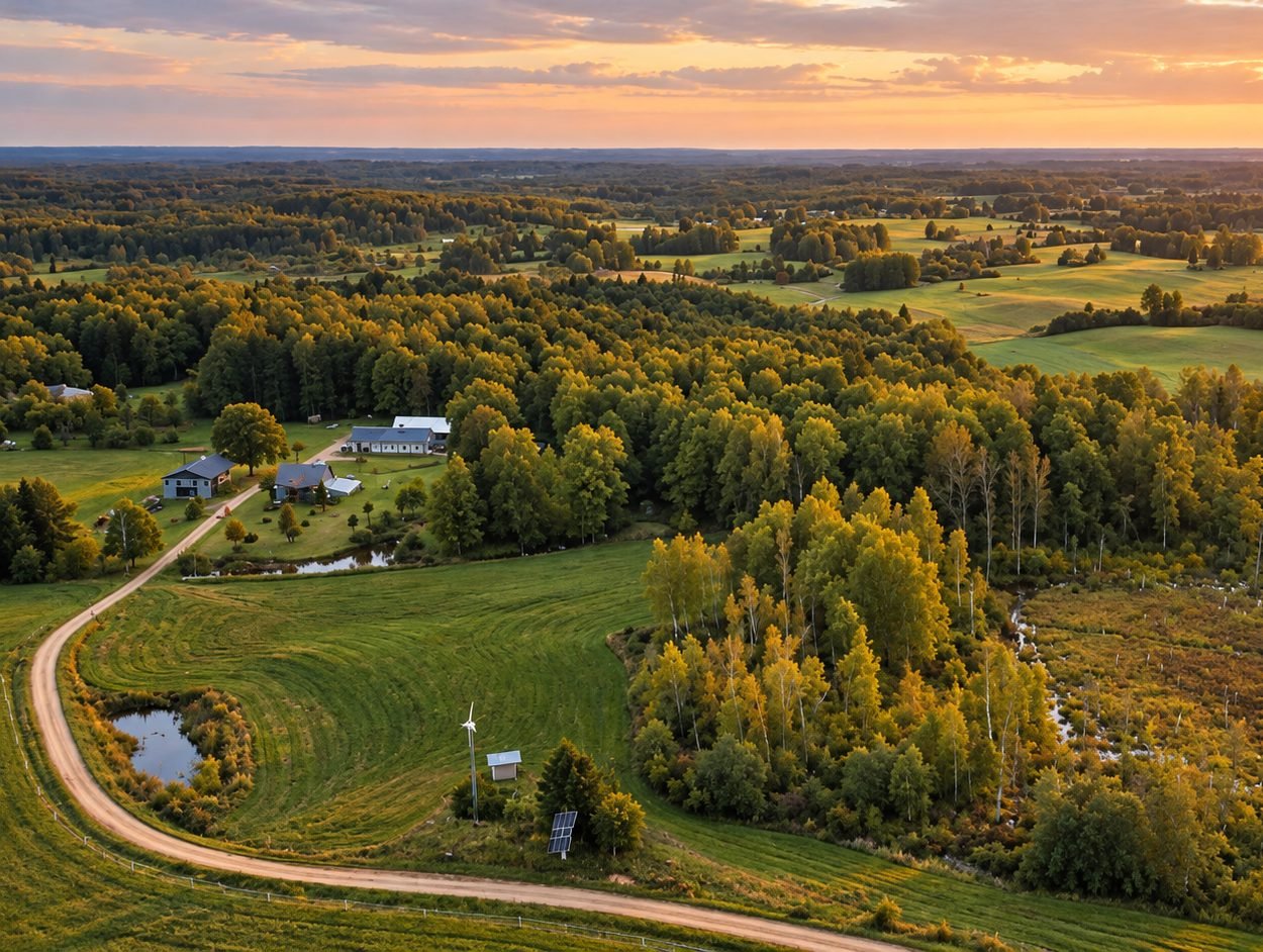 Šviesų slėnis iš drono saulėlydžio metu: sodyba, lauko keliukas, miškai ir pievos iki horizonto